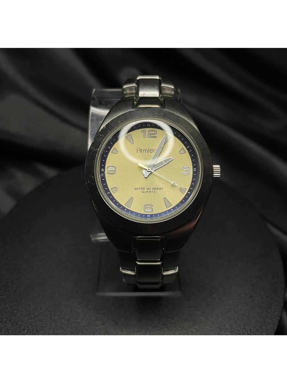 Vintage Armitron Men's Japanese Quartz Watch Steel Band Gold Yellow Dial Working
